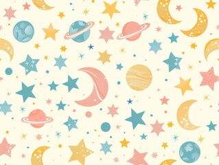 A seamless pattern with stars, planets, and moons in different shades of yellow, pink, and blue on a cream background.