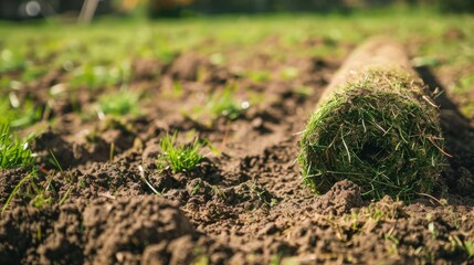 A roll of fresh sod lies partially unfurled on the fertile ground, ready to be laid out in a garden.