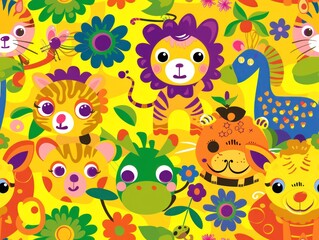 Colorful cartoon animals and flowers seamless pattern on a yellow background.