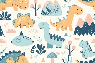 Seamless pattern with cute dinosaurs in blue and orange colors on a white background.