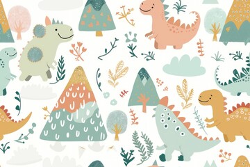 Seamless Pattern of Cartoon Dinosaurs, Mountains and Trees.