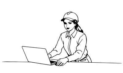 Woman Worker Silhouette Vector Black Sketch Illustration on White Background. Female Working Line Art Drawing. Woman Silhouette with Laptop Linear Minimalistic Drawing