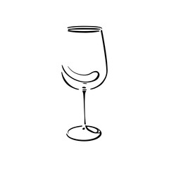 Minimalist Line Art Drawing of Wine Glass Black Sketch Isolated on White Background. Vector Wineglass Simple One Line Drawing. Minimal Hand Draw Illustration for Cafe, Party, Holiday, Invitation