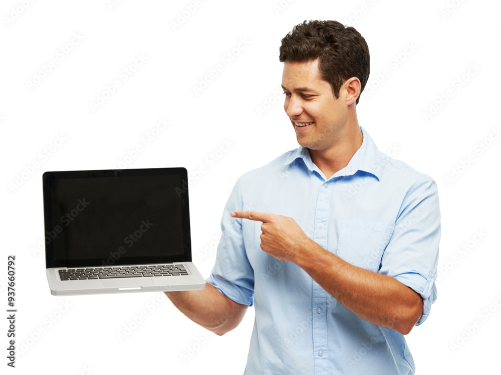 Poster Man, laptop screen and point in studio with mockup space, presentation or choice for ui by white background. Person, employee and pc with blank display, happy and promotion for job at creative agency