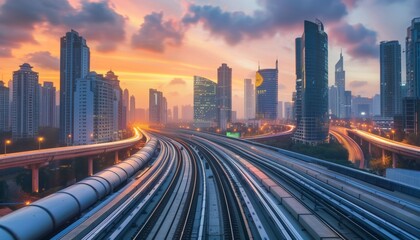 Fototapeta premium Sunset Glow Over Modern Cityscape with Transit Rails