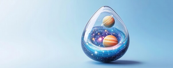 Droplet of lubricant shaped like a miniature galaxy, with stars and planets inside, floating in space, fantasy, surrealism