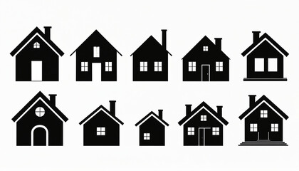 Fototapeta premium Icônes maisons bâtiments éléments isolés noir fond blanc.