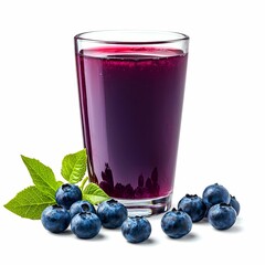 Glass of Blueberry Juice with Fresh Blueberries and Green Leaves