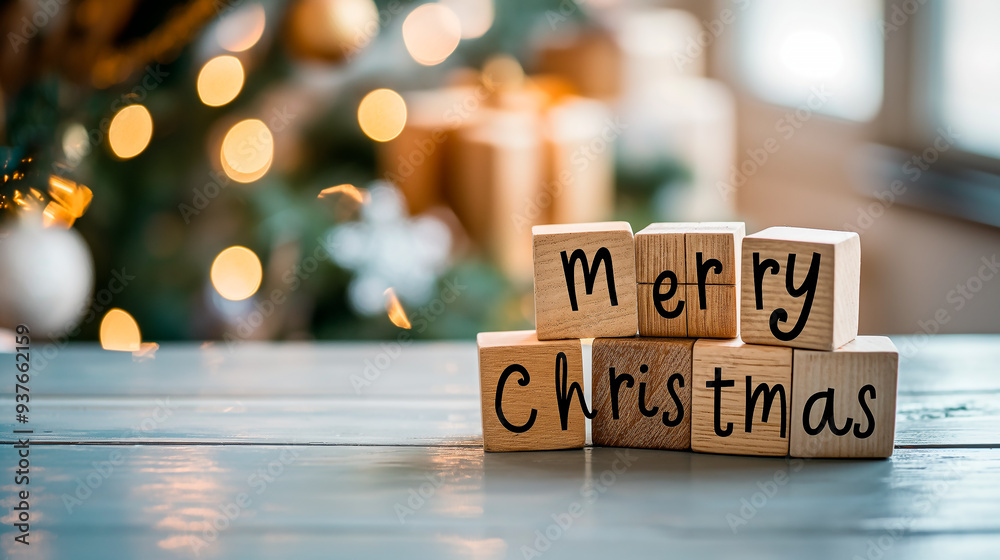 Fototapete merry christmas text with christmas on corner over rustic wooden background and with sparkles and bo
