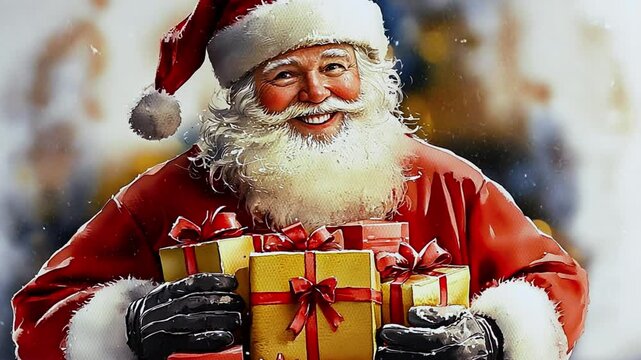 Santa Claus with present animation and snowfall. Close up shot of senior bearded man in Santa clause outfit carrying gift boxes, Christmas spirit, holiday mood animation