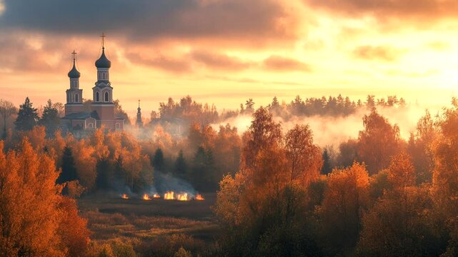 medieval, church, forest, sunset, autumn, bonfires, landscape, serene, peaceful, historical, building, architecture, trees, nature, evening, warm colors, twilight, countryside, village, rural, calm, f