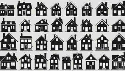 Ic&ocirc;nes maisons b&acirc;timents &eacute;l&eacute;ments isol&eacute;s noir fond blanc.