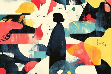 Silhouette of a Woman Standing Amidst Abstract Shapes and Colors