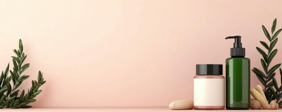 Elegant arrangement of skincare products on a soft pink background with natural elements, perfect for wellness and beauty themes.