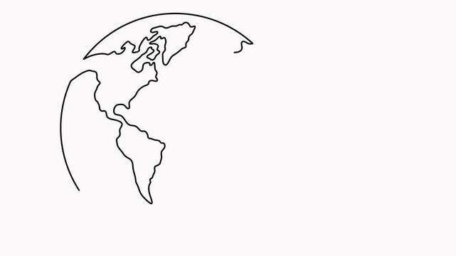 World map with flying airplane one line art animated video. Continuous Earth globe line drawing animation.