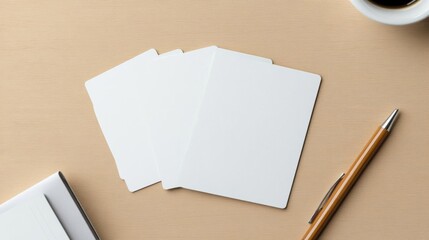 Three blank cards arranged on a wooden desk beside a pen and a coffee cup, ideal for notes or creative projects.