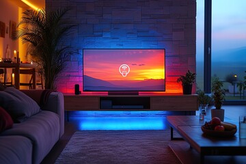 Living room bathed in soft evening light cozy setting smart TV with voice command logo on screen sound bar beneath IoT devices seamlessly integrated warm ambient lighting