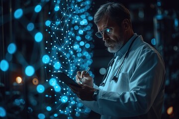 Medicine doctor write electronic medical record on tablet DNA Digital healthcare and network connection on hologram modern virtual screen interface, medical insurance, technology and network