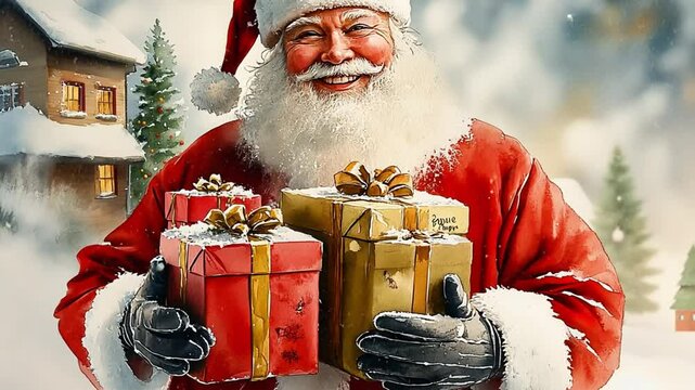 Santa Claus with present animation and snowfall. Close up shot of senior bearded man in Santa clause outfit carrying gift boxes, Christmas spirit, holiday mood animation