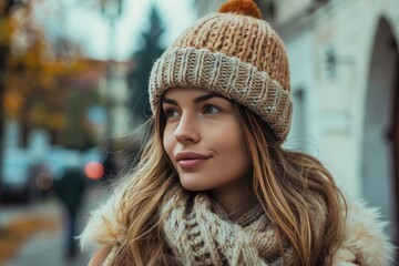 European woman in cozy beanie strolling down autumn street