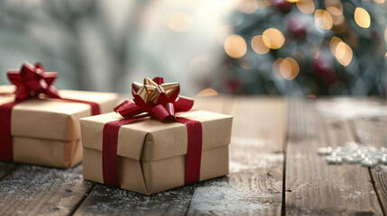 Paper Christmas gifts on table, blurred background.