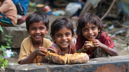 Happy Indian children enjoy food and bread on dirty crowded streets. Social problem of poverty, hunger, and lack of clean, drinking water.