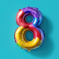 Multi-colored balloon shaped like number eight, vibrant solid color background