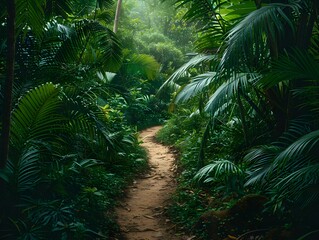 Naklejka premium A winding dirt path through lush tropical rainforest vegetation during early morning light
