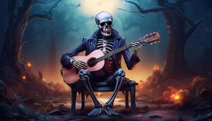 Obraz premium Halloween skeleton guitar playing in moody, spooky background.