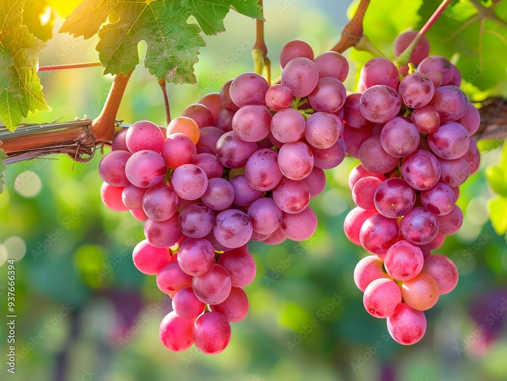 Sticker Freshly harvested bunches of ripe red grapes hanging from vines in a sunlit vineyard during late summer