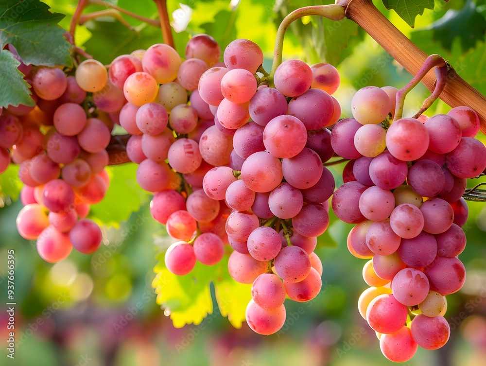 Wall mural Freshly harvested clusters of ripe grapes hanging from lush green vines in a vineyard on a sunny afternoon