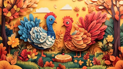 Obraz premium Whimsical Thanksgiving Papercut Banner with Cute Turkeys, Pies & Autumn Scenery in Cheerful Colors