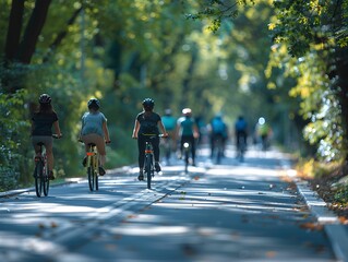 Obraz premium Cyclists riding on a tree-lined pathway during a sunny afternoon in a vibrant park