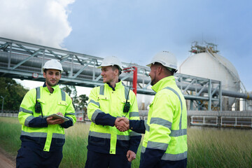 Three male engineers, technicians, shook hands and worked together to succeed and inspect the oil refinery system and maintain at the oil refinery and chemical refinery.