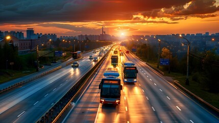 Sunset over a bustling highway with buses and cars traveling during evening hours in a vibrant city