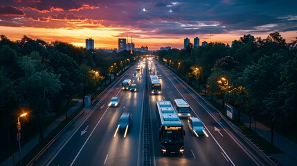 Obraz premium Buses and cars traveling along a city highway at sunset, with vibrant clouds and urban skyline in the background