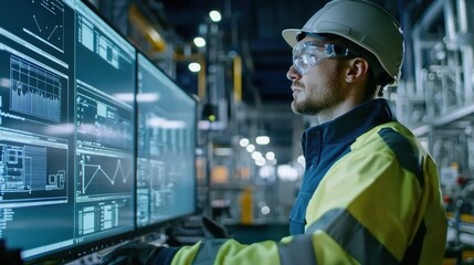 AI for Predictive Maintenance: Engineers in a futuristic factory using AI-powered software to predict when machines need maintenance, preventing downtime and ensuring smooth production processes 