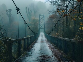 Obraz premium A misty morning view of a suspension bridge surrounded by autumn foliage in a tranquil forest setting