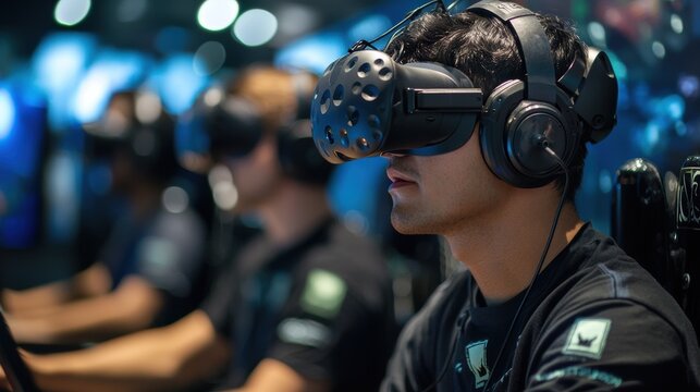 AI in Virtual Reality: Gamers wearing VR headsets, immersed in a world where the environment and challenges are dynamically generated by an AI, creating a unique experience every time they play 