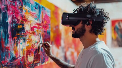 AI-Enhanced Creativity: An artist wearing augmented reality glasses while painting on a digital canvas, with the AI suggesting colors and brushstrokes in real-time, blending traditional art 