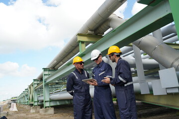 three male engineers in Uniform Holding stand to talk to check Gas Leakage Pipe System and...