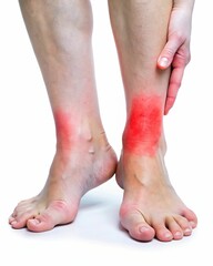 Two people's feet with red marks on them