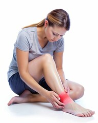 Fototapeta premium A woman with a red sore leg is sitting on the floor.