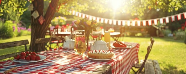 A red and white checkered tablecloth on a picnic table with food, flowers and a glass of lemonade in a garden on a sunny day.