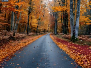 Obraz premium Colorful autumn foliage lining a peaceful road in a forest during fall, with fallen leaves creating a beautiful carpet