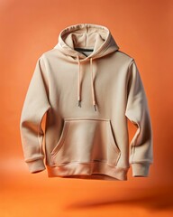 A tan hoodie with a white hood and a white zipper