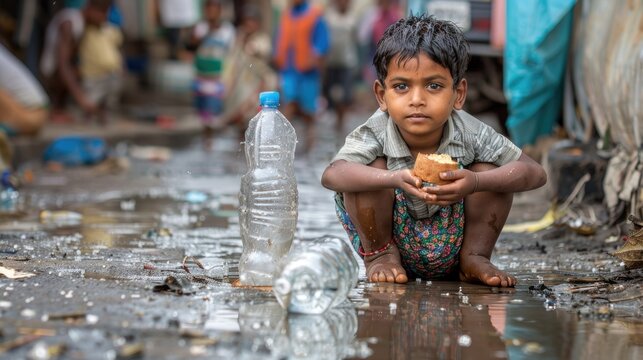 An Indian child sits on the ground with bread in his hands in a densely populated poor area, next to a plastic bottle with muddy water. The problem of poverty, hunger and drinking water shortage.