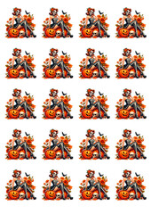 Fototapeta premium Sarcasm sticker. Cute retro girl in a skeleton costume for Halloween hol. Pumpkin. Lovely ladies. Pin-up, retro style. Halloween costume concept. Modern illustration.