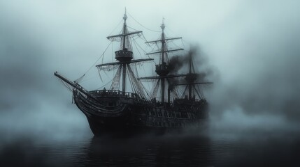 A dark, ghostly pirate ship with billowing black smoke emerges ominously from dense fog over a calm, eerie sea.