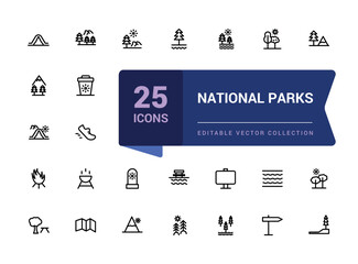 Set of national park icons. Simple line art style icons pack. Pixel perfect, minimalistic web and UI icon. Outline icon collections. Editable vector illustration.